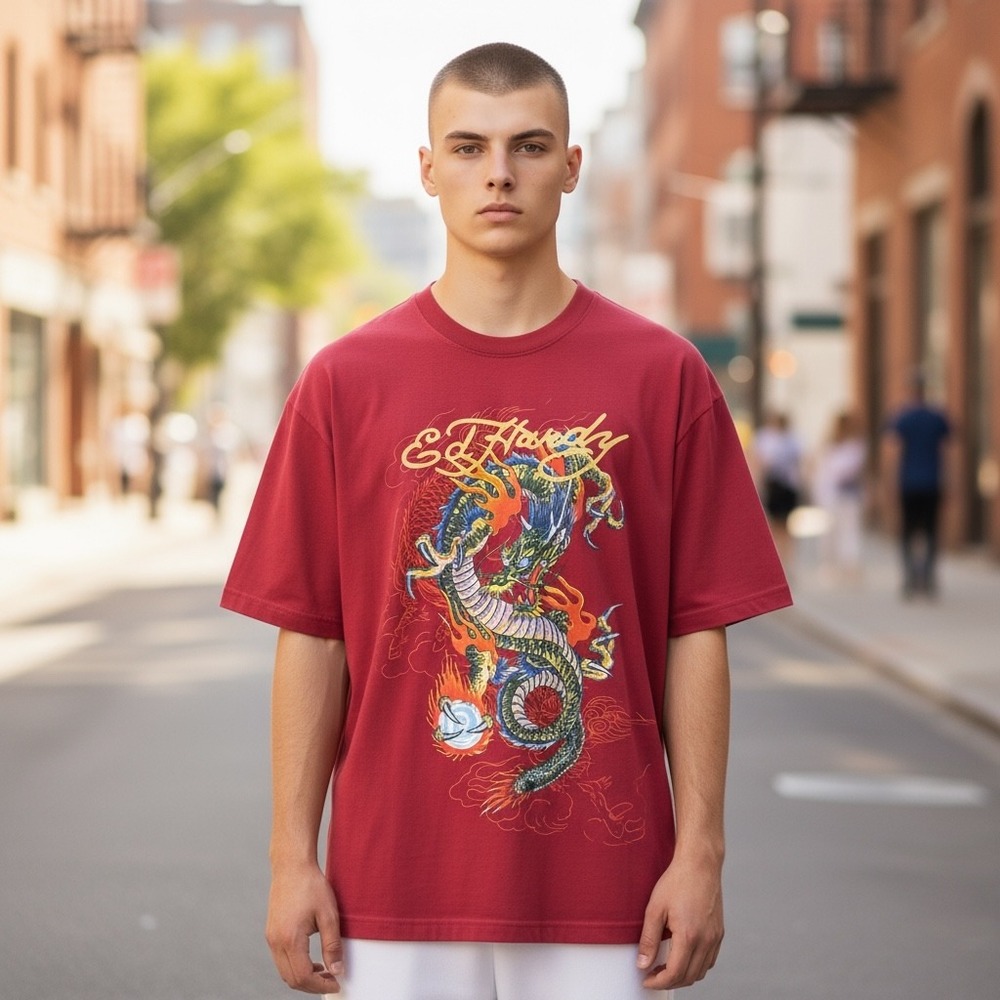 Ed Hardy Mens Wine Red Dragon Graphic Print T Shirt Size Medium Short Sleeve NEW